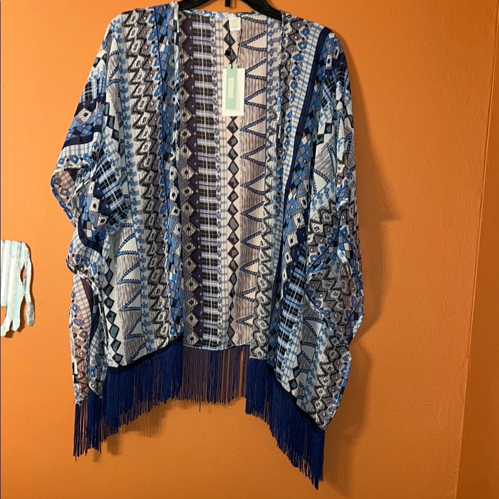 New Do Everything in Love Blue and White Kimono Accent with Fringe